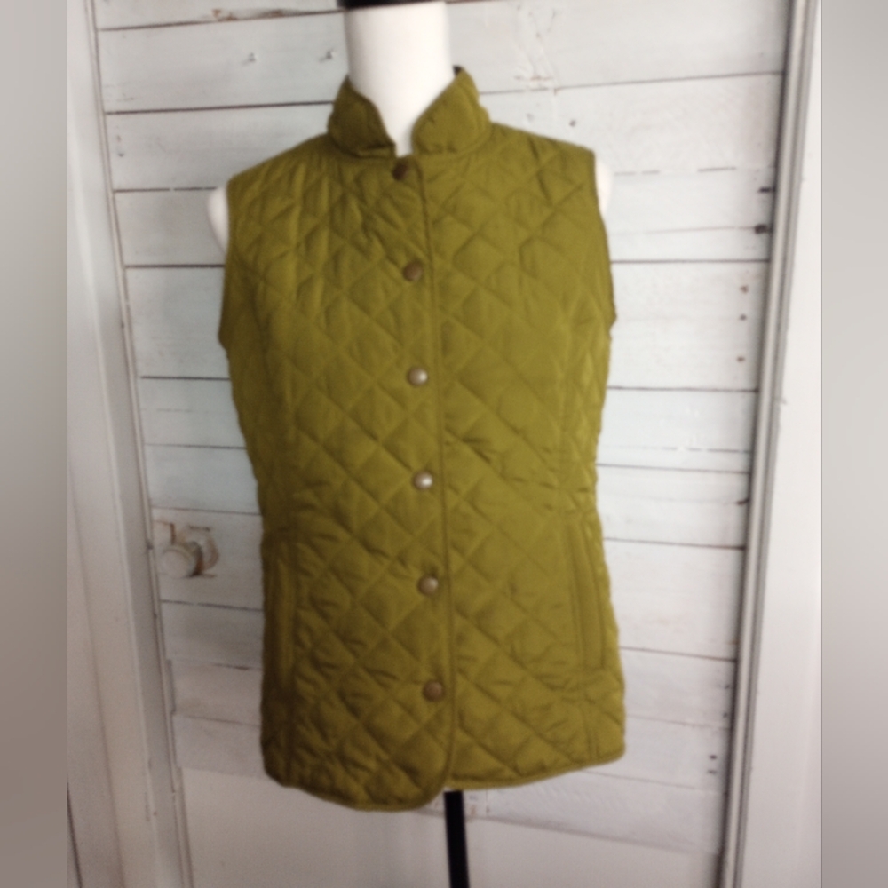 J. Jill Women's Quilted Vest Olive Green Size Small Petite Snap Front Sleeveless